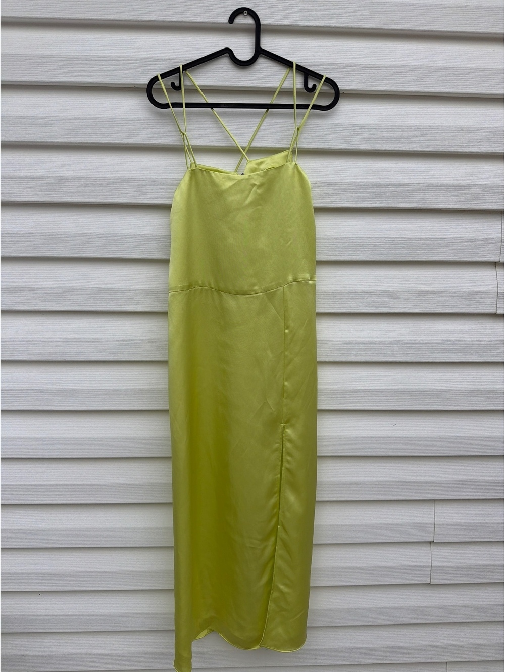 Zara Women's Size S Lime Green Satin Strappy Slip Maxi Dress Side Slit - Picture 1 of 7